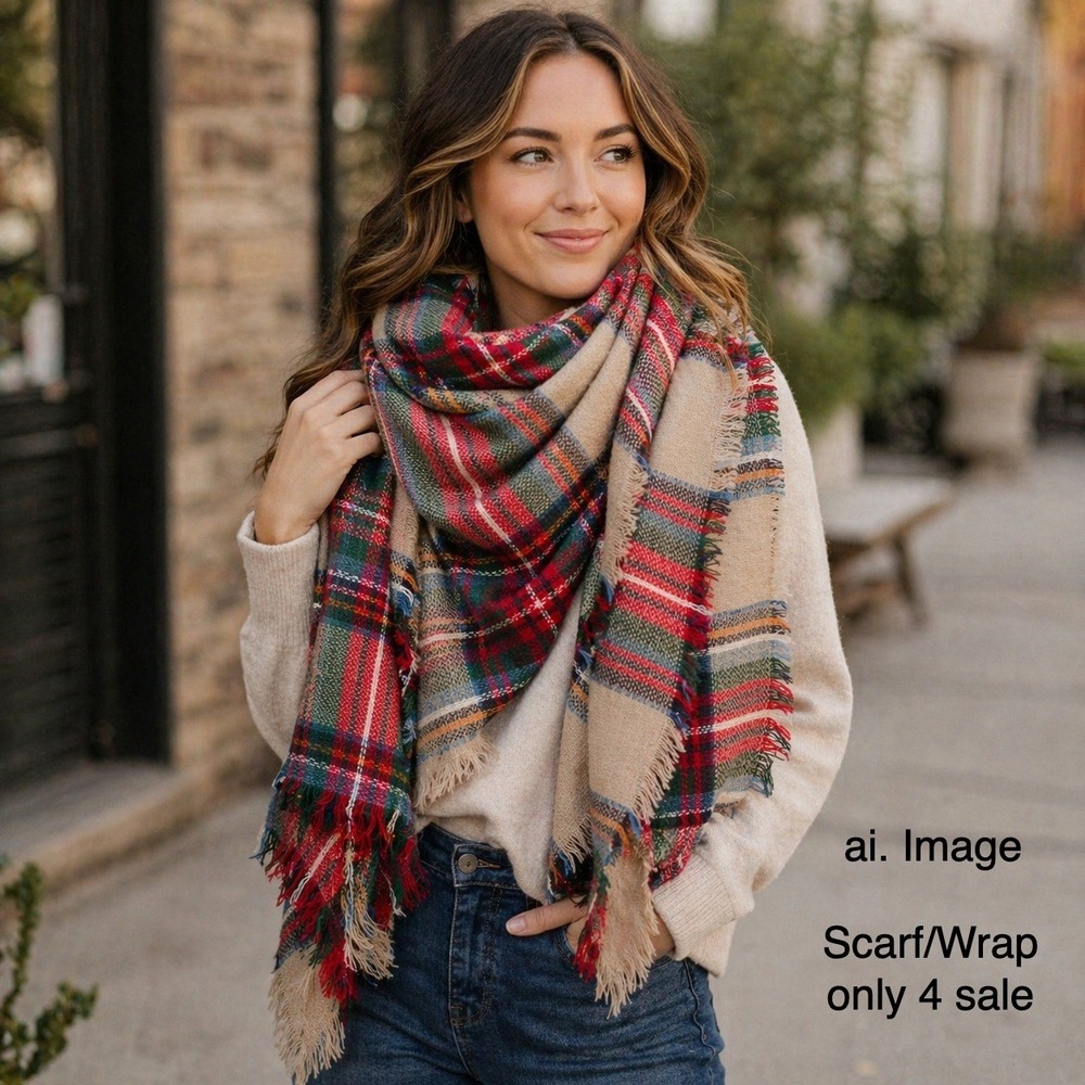 ModCloth Tan Red Green Plaid Blanket Scarf Fringed Square Oversized Cozy‎ Wrap
